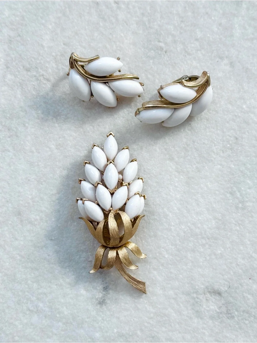 Vintage Crown Trifari Floral Brooch and Clip-On Earrings Set *RARE*